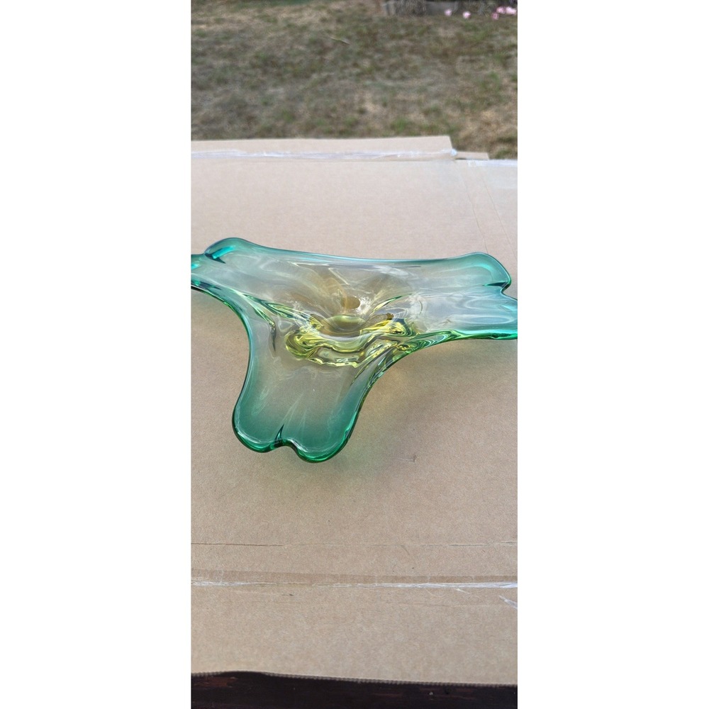 Green Yellow Swirl Art Glass Decorative Abstract Bowl Centerpiece - Picture 4 of 4